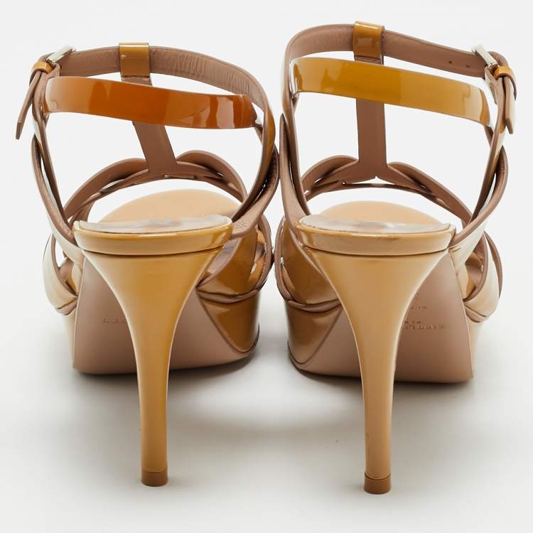 Pre Owned Saint Laurent Beige Patent Leather Tribute Platform Sandals Size 39.5