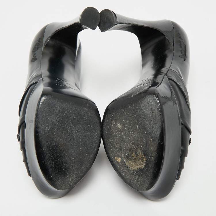 Pre Owned Saint Laurent Black Patent Leather Palais B 105 Peep Toe Bow  Pumps Size 37.5