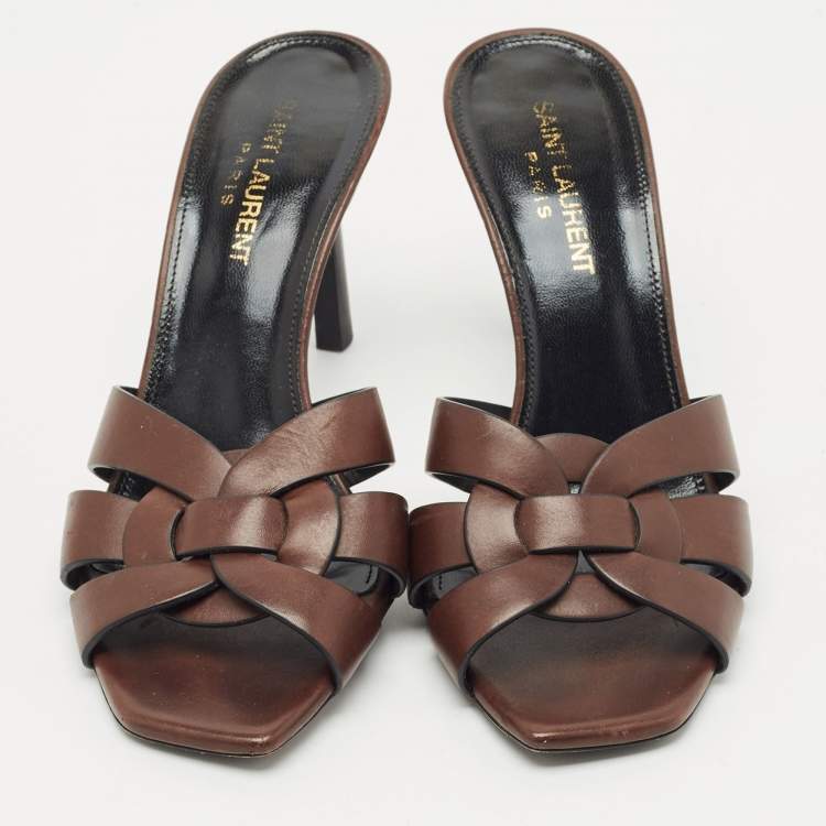 Pre Owned Saint Laurent Brown Leather Tribute Slide Sandals Size 36.5