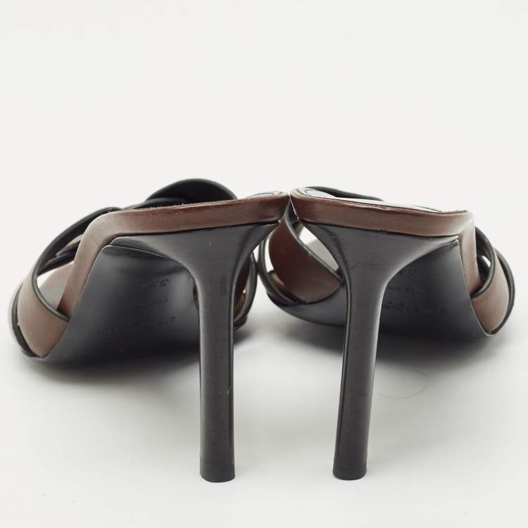 Pre Owned Saint Laurent Brown Leather Tribute Slide Sandals Size 36.5