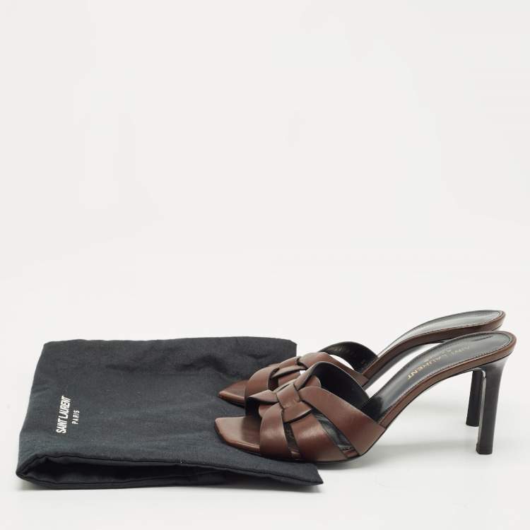 Pre Owned Saint Laurent Brown Leather Tribute Slide Sandals Size 36.5