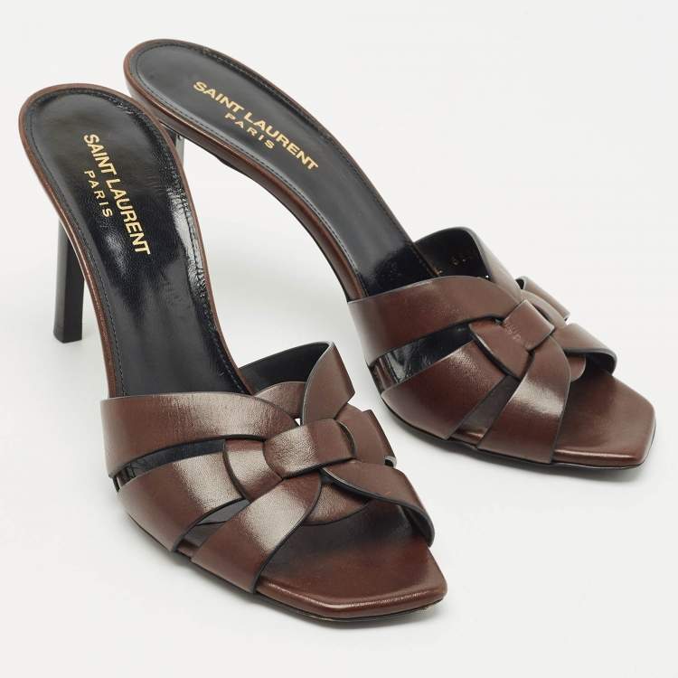 Pre Owned Saint Laurent Brown Leather Tribute Slide Sandals Size 39.5