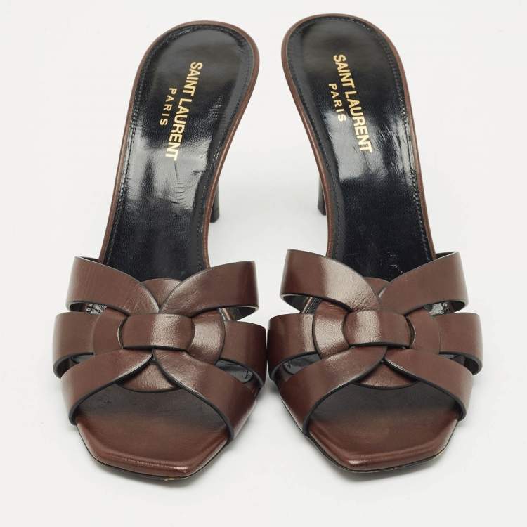 Pre Owned Saint Laurent Brown Leather Tribute Slide Sandals Size 39.5