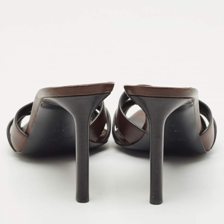 Pre Owned Saint Laurent Brown Leather Tribute Slide Sandals Size 39.5