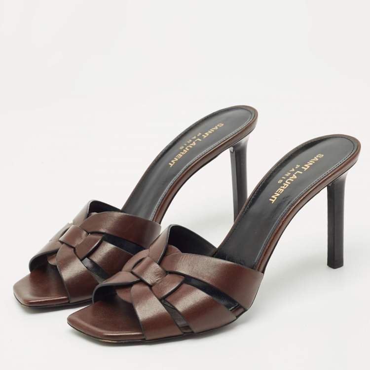 Pre Owned Saint Laurent Brown Leather Tribute Slide Sandals Size 39.5