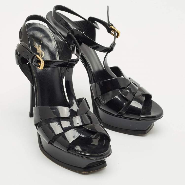 Pre Owned Saint Laurent Black Patent Leather Tribute Ankle Strap Sandals Size 40