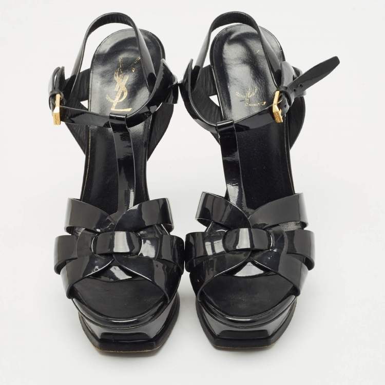 Pre Owned Saint Laurent Black Patent Leather Tribute Ankle Strap Sandals Size 40