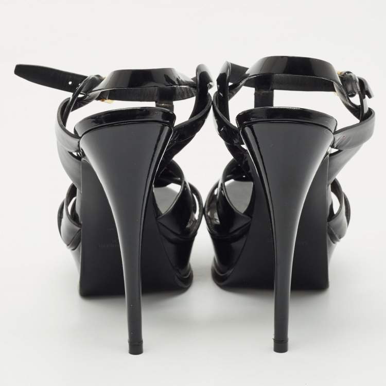 Pre Owned Saint Laurent Black Patent Leather Tribute Ankle Strap Sandals Size 40