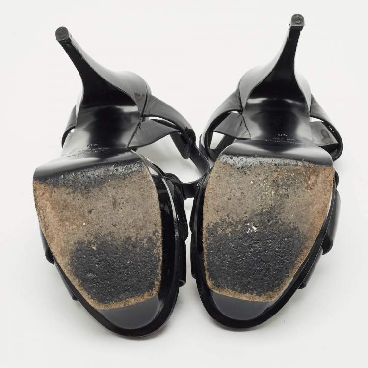 Pre Owned Saint Laurent Black Patent Leather Tribute Ankle Strap Sandals Size 40
