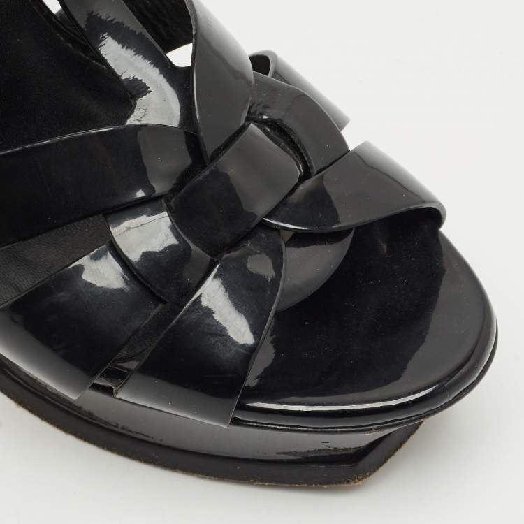 Pre Owned Saint Laurent Black Patent Leather Tribute Ankle Strap Sandals Size 40