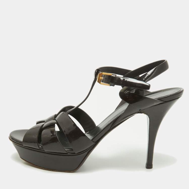 Pre Owned Saint Laurent Burgundy Patent Leather Tribute Ankle Strap Sandals Size 40