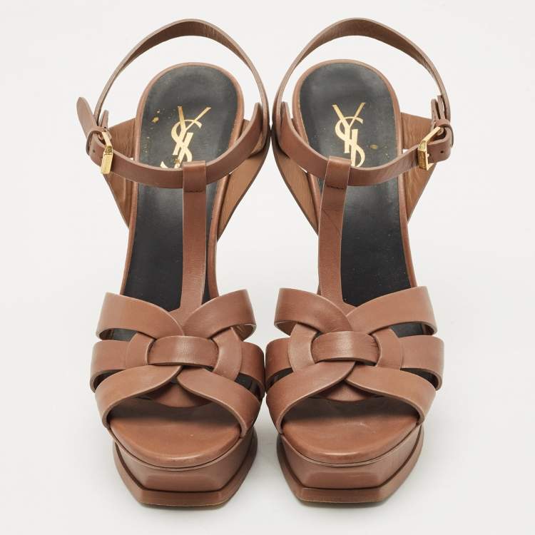 مملوكة مسبقًا Saint Laurent Brown Leather Tribute Platform Sandals Size 38