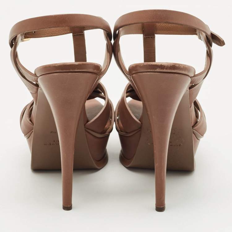 مملوكة مسبقًا Saint Laurent Brown Leather Tribute Platform Sandals Size 38