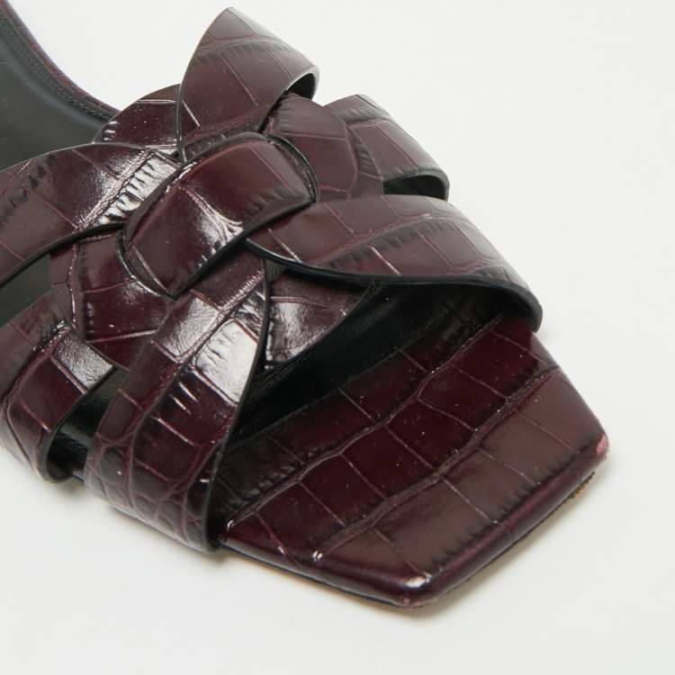 Pre Owned Saint Laurent Purple Croc Embossed Leather Tribute Flat Slides Size 39.5