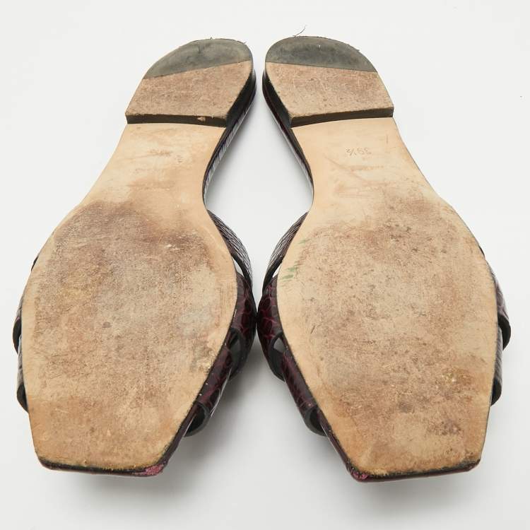 Pre Owned Saint Laurent Purple Croc Embossed Leather Tribute Flat Slides Size 39.5