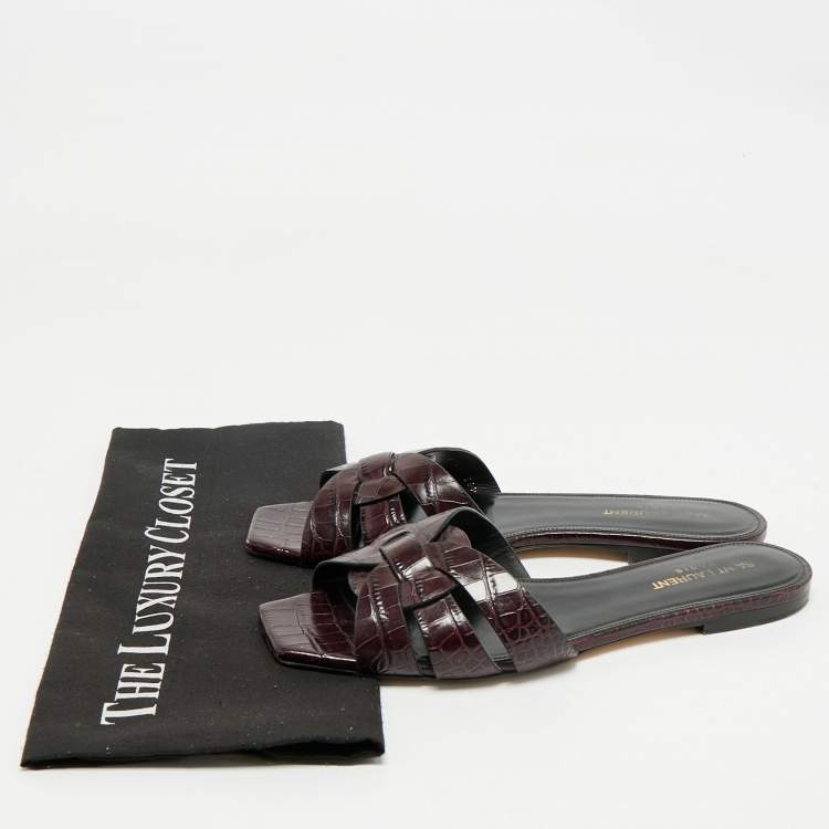 Pre Owned Saint Laurent Purple Croc Embossed Leather Tribute Flat Slides Size 39.5