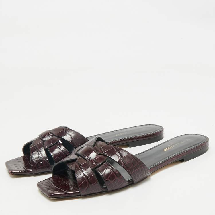 Pre Owned Saint Laurent Purple Croc Embossed Leather Tribute Flat Slides Size 39.5