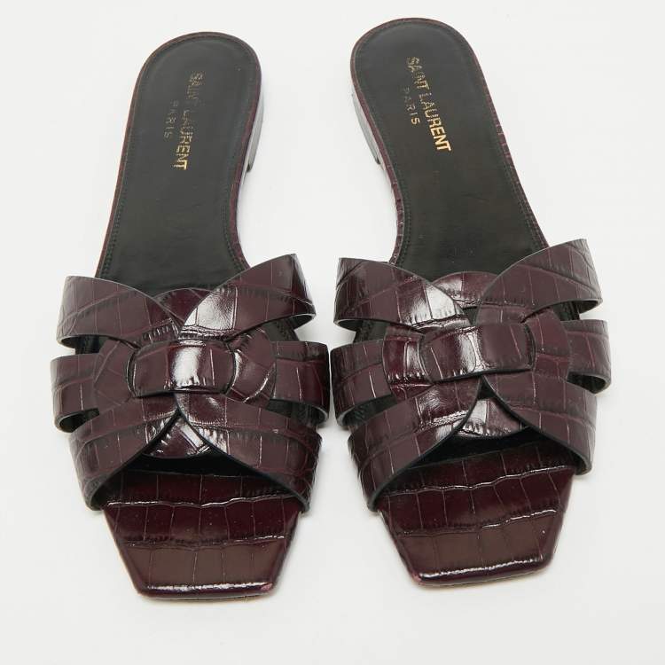 Pre Owned Saint Laurent Purple Croc Embossed Leather Tribute Flat Slides Size 39.5