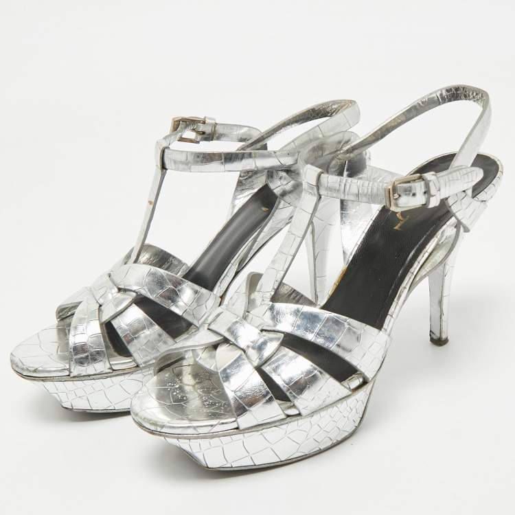 Pre Owned Saint Laurent Silver Croc Embossed Leather Tribute Ankle Strap Sandals Size 38.5