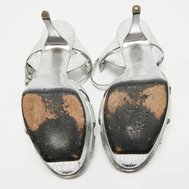 Pre Owned Saint Laurent Silver Croc Embossed Leather Tribute Ankle Strap Sandals Size 38.5
