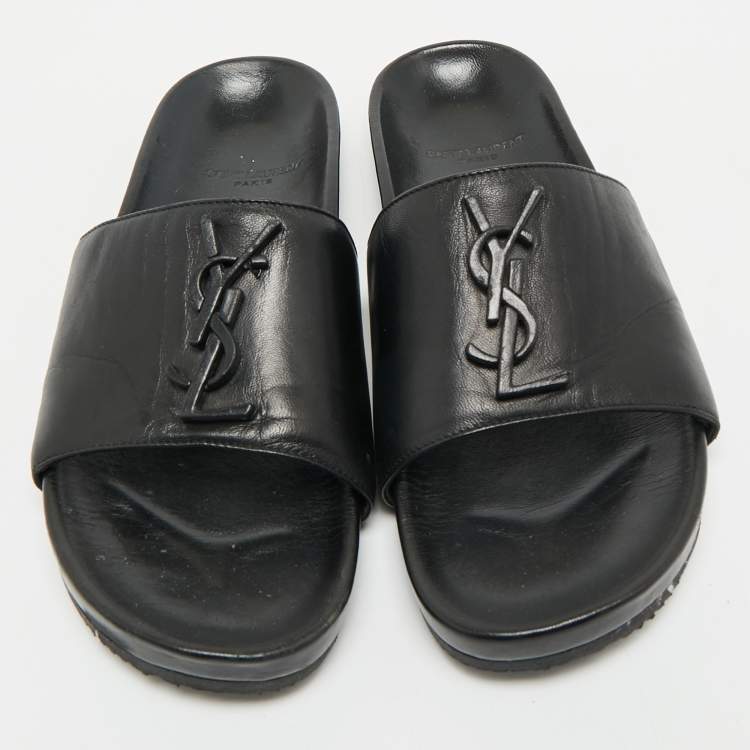 Pre Owned Saint Laurent Black Leather Joan Flat Slide Sandals Size 36.5 