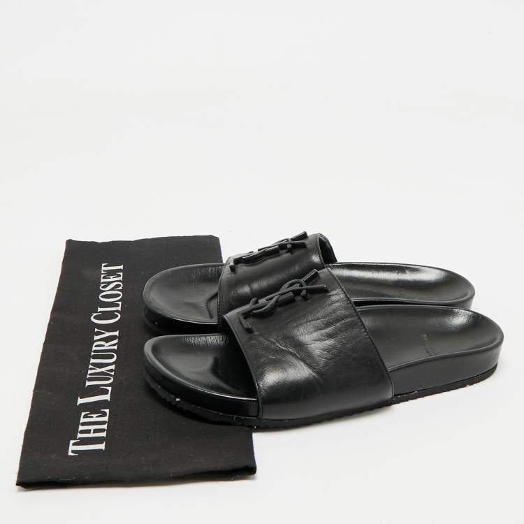 Pre Owned Saint Laurent Black Leather Joan Flat Slide Sandals Size 36.5 