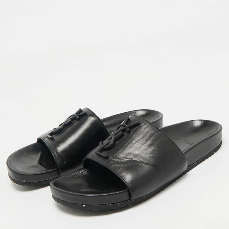 Pre Owned Saint Laurent Black Leather Joan Flat Slide Sandals Size 36.5 
