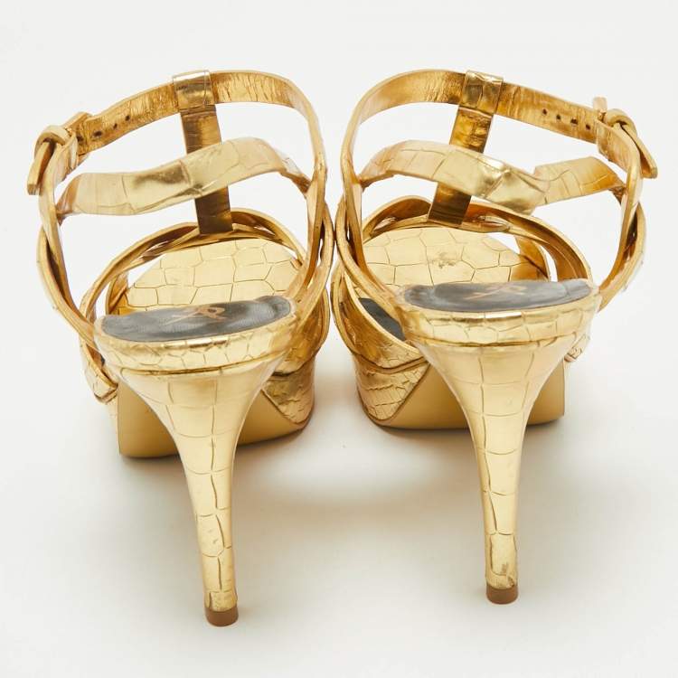 مملوكة مسبقًا Saint Laurent Gold Croc Embossed Leather Tribute Ankle Strap Sandals Size 38.5