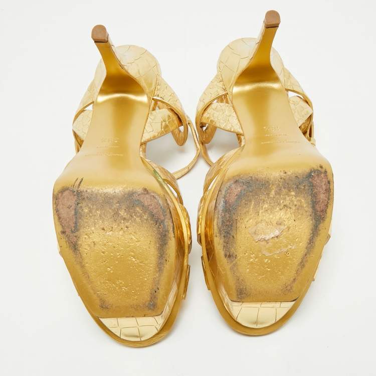 مملوكة مسبقًا Saint Laurent Gold Croc Embossed Leather Tribute Ankle Strap Sandals Size 38.5