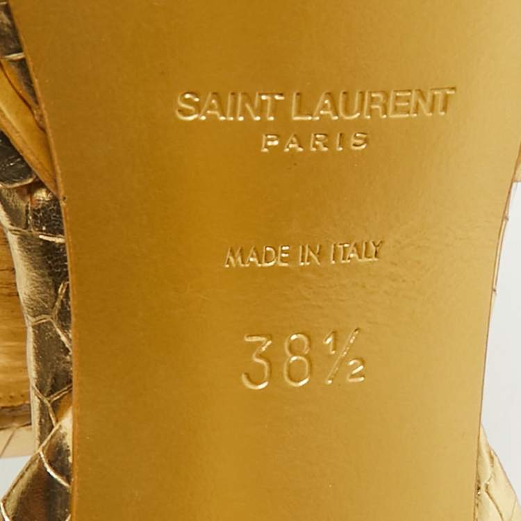 مملوكة مسبقًا Saint Laurent Gold Croc Embossed Leather Tribute Ankle Strap Sandals Size 38.5