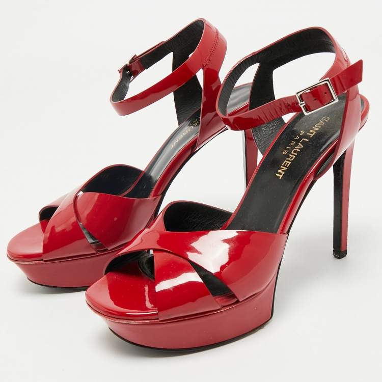 Pre Owned Saint Laurent Red Patent Leather Ankle Strap Platform Sandals Size 36
