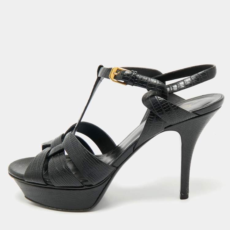 Pre Owned Saint Laurent Black Lizard Embossed Leather Tribute Ankle Strap Sandals Size 39.5