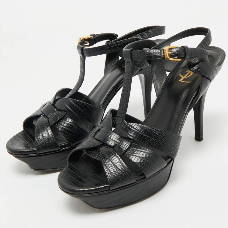 Pre Owned Saint Laurent Black Lizard Embossed Leather Tribute Ankle Strap Sandals Size 39.5