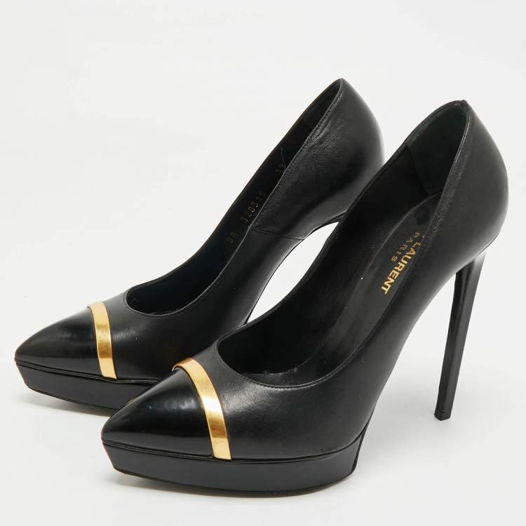 Pre Owned Saint Laurent Black Leather Janis Pointed Toe Platform Pumps Size 39