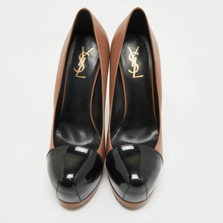 Pre Owned Saint Laurent Beige/Black Patent and Leather Tribtoo Platform Pumps Size 39.5