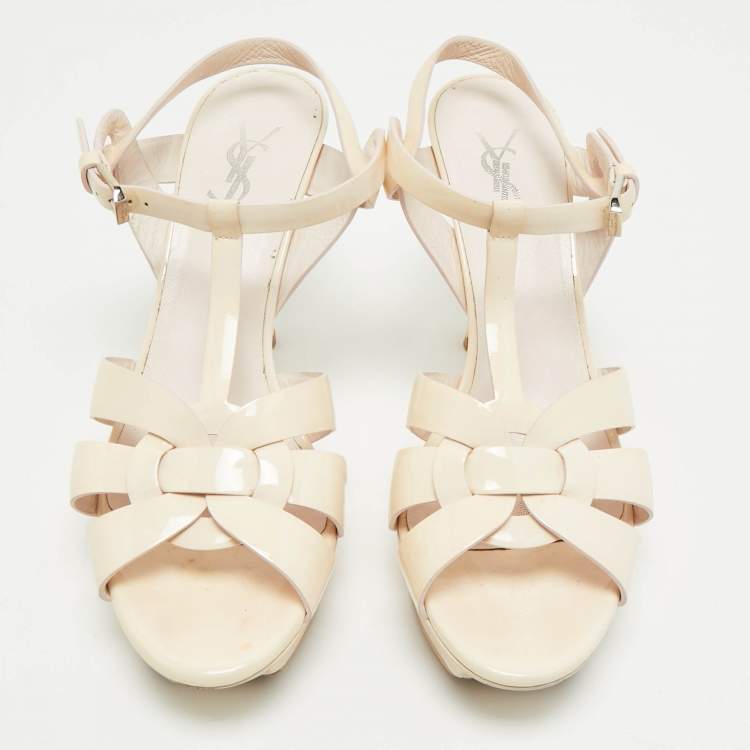 Pre Owned Saint Laurent Cream Patent Leather Tribute Platform Sandals Size 39.5