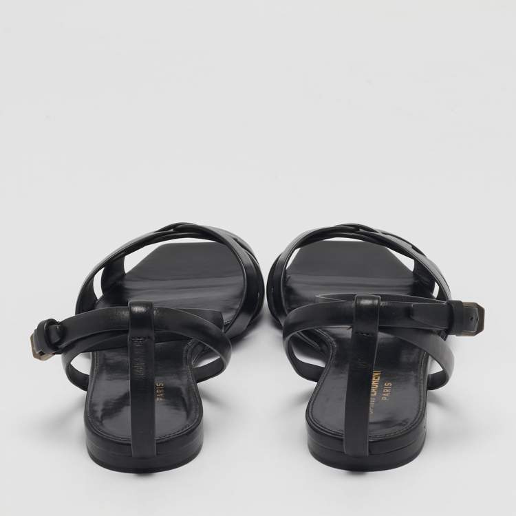 Pre Owned Saint Laurent Black Leather Tribute Flat Sandals Size 39.5