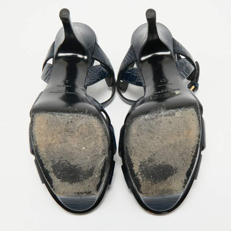 Pre Owned Saint Laurent Dark Blue Croc Embossed Leather Tribute Ankle Strap Sandals Size 37