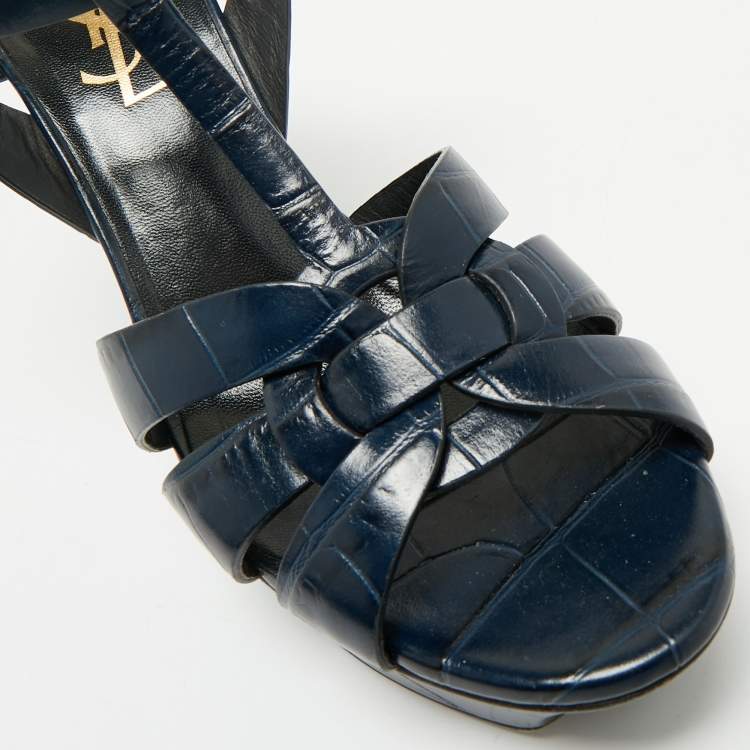 Pre Owned Saint Laurent Dark Blue Croc Embossed Leather Tribute Ankle Strap Sandals Size 37