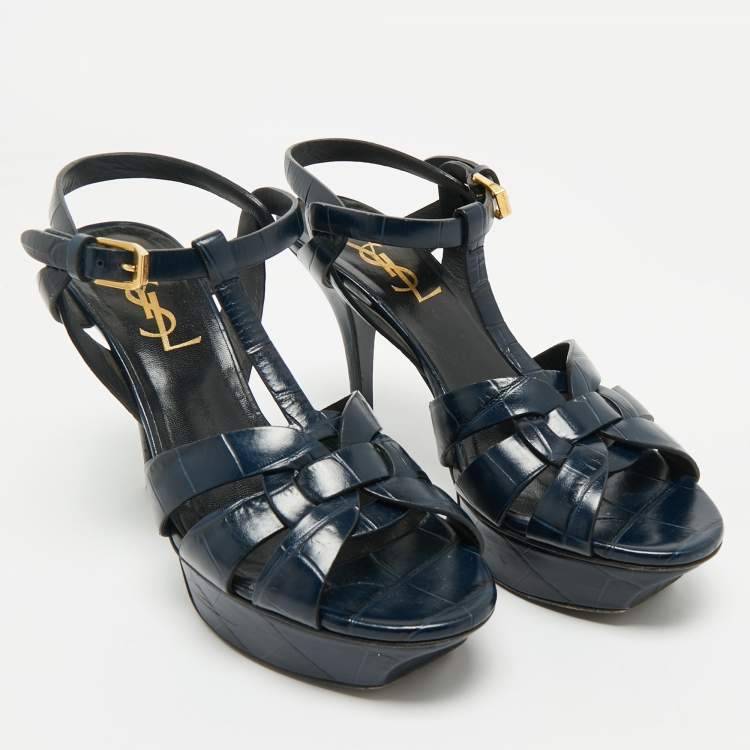 Pre Owned Saint Laurent Dark Blue Croc Embossed Leather Tribute Ankle Strap Sandals Size 37