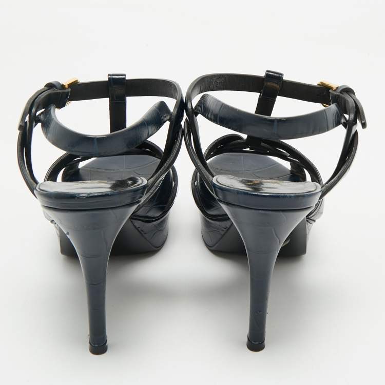 Pre Owned Saint Laurent Dark Blue Croc Embossed Leather Tribute Ankle Strap Sandals Size 37