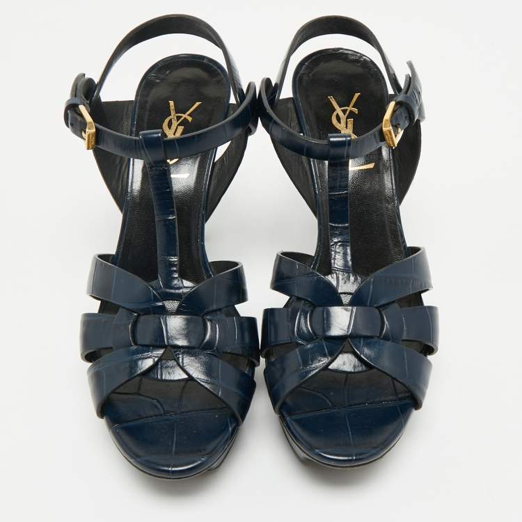 Pre Owned Saint Laurent Dark Blue Croc Embossed Leather Tribute Ankle Strap Sandals Size 37