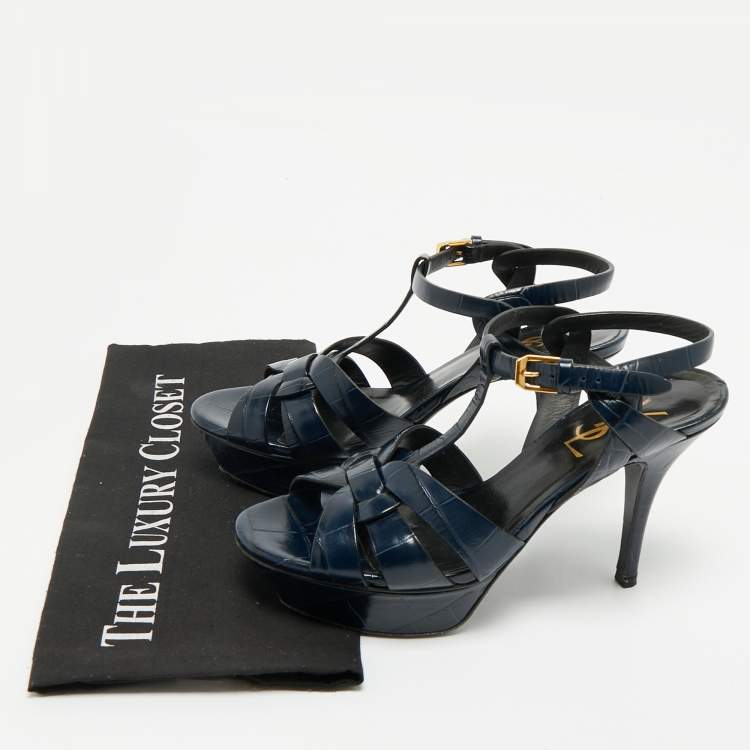 Pre Owned Saint Laurent Dark Blue Croc Embossed Leather Tribute Ankle Strap Sandals Size 37