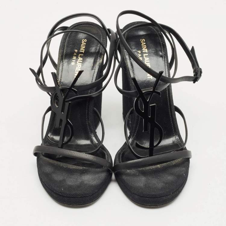Pre Owned Saint Laurent Black Leather Cassandra Wedge Strappy Sandals Size 39