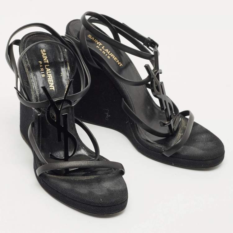 Pre Owned Saint Laurent Black Leather Cassandra Wedge Strappy Sandals Size 39