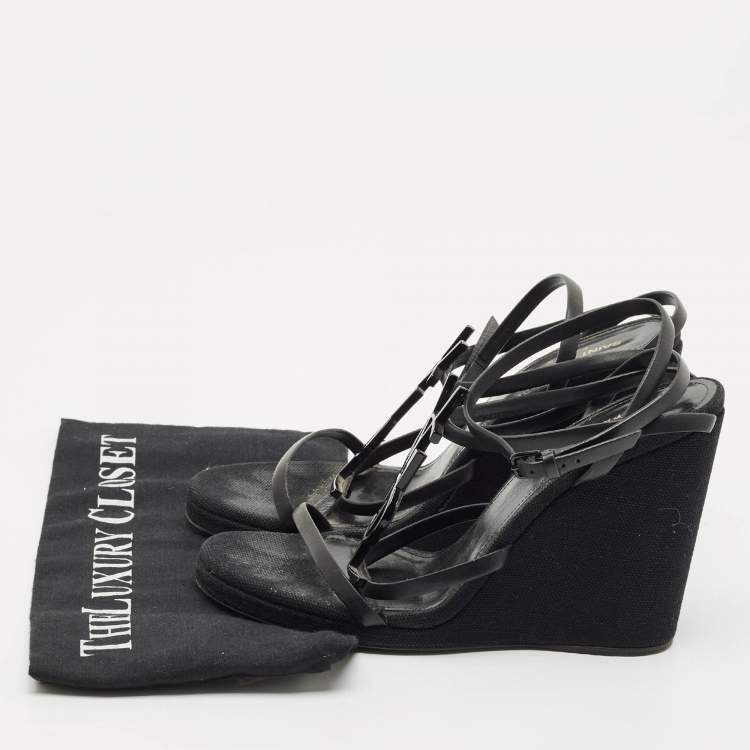 Pre Owned Saint Laurent Black Leather Cassandra Wedge Strappy Sandals Size 39