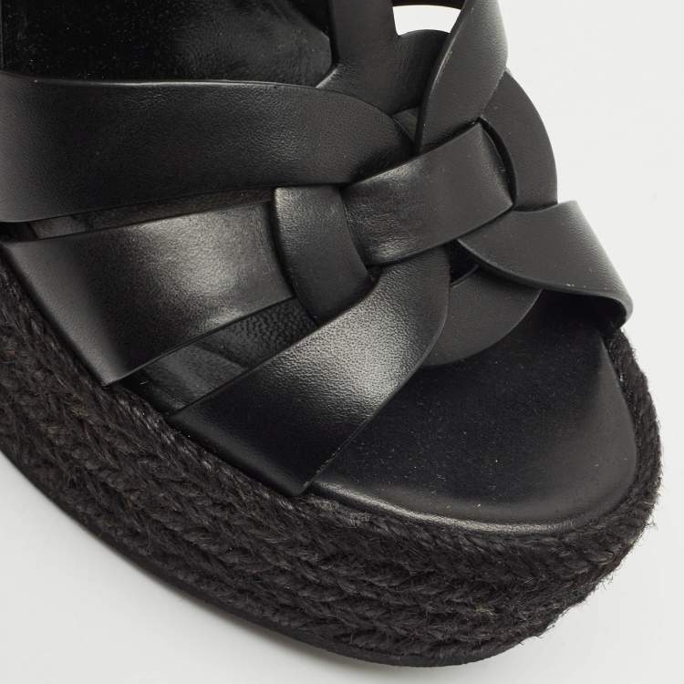 Pre Owned Saint Laurent Black Leather Tribute Wedge Espadrille Sandals Size 37.5