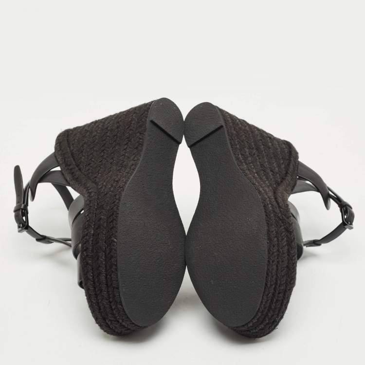 Pre Owned Saint Laurent Black Leather Tribute Wedge Espadrille Sandals Size 37.5
