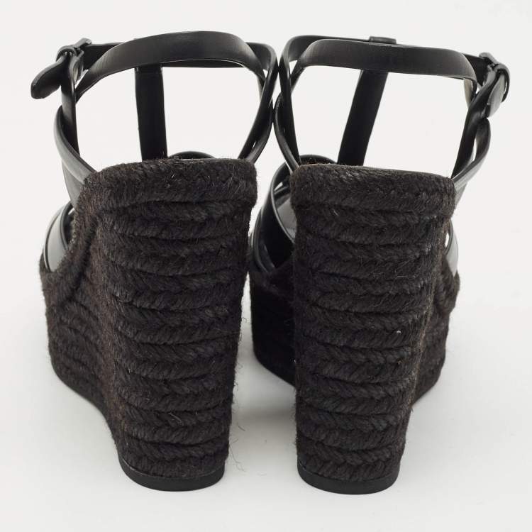 Pre Owned Saint Laurent Black Leather Tribute Wedge Espadrille Sandals Size 37.5