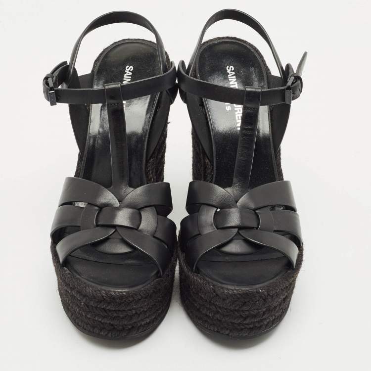 Pre Owned Saint Laurent Black Leather Tribute Wedge Espadrille Sandals Size 37.5